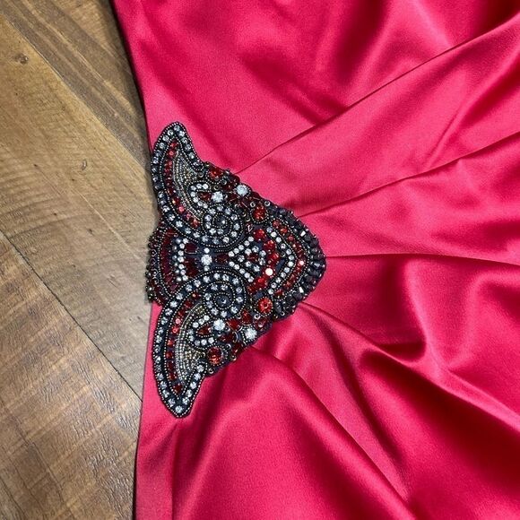 ELIZA J Red Satin One Shoulder Beaded Cocktail Dress - Picture 5 of 13
